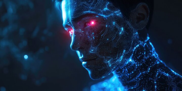 A humanoid robot with glowing red eyes and a digital grid pattern on its face, set against a dark background with a blue glow.