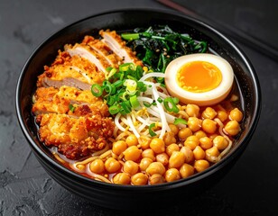Ramen bowl fried chicken, chickpeas, egg, noodles