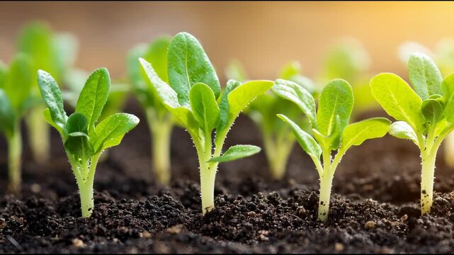 Row of vibrant green seedlings sprouts growing in rich dark soil under warm morning sunlight in a garden.