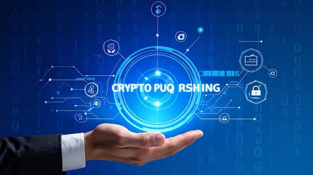 A hand presents a glowing digital sphere with "CRYPTO PUQ RSHING" text and interconnected tech icons over binary code