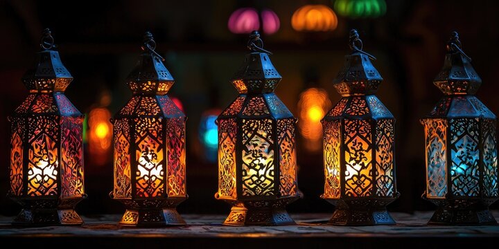 A row of ornate, colorful lanterns with intricate designs, illuminated from within, casting a warm glow against a dark background.