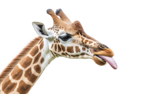 Closeup of a giraffes head isolated on transparent background, showcasing its distinctive spots and long tongue sticking out in a playful manner