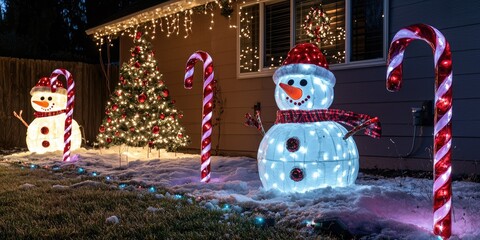 A festive outdoor Christmas scene with a snowman, candy canes, and a decorated tree, illuminated by white and red lights, set against a house with a gray siding and a green lawn.