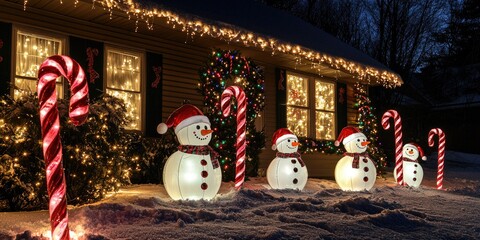 A festive house decorated with Christmas lights, wreaths, and candy canes, with a snowman and snowmen in the foreground, set against a snowy background.