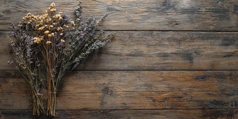 Dried lavender and thyme flowers arranged on a rustic wooden table with a weathered, dark brown finish.