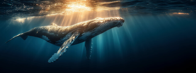Majestic Humpback Whale Swimming Underwater with Sun Rays Illuminating Its Graceful Form