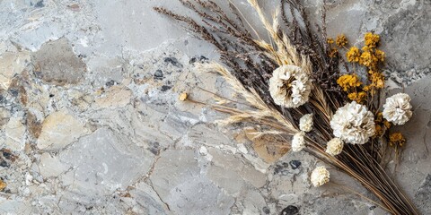A dried flower arrangement with white and yellow flowers and brown stems on a grey stone background.
