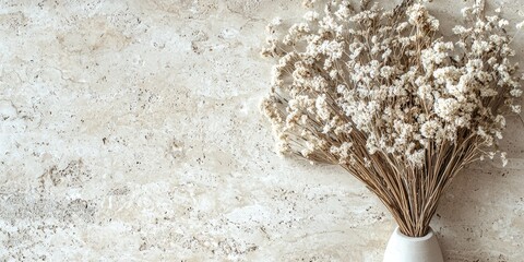 A bouquet of dried white flowers in a white vase on a textured stone surface.