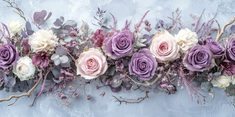 A horizontal arrangement of purple and white roses, eucalyptus, and other flowers on a textured, light blue background with a rustic wooden branch.