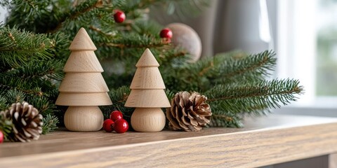 Two wooden Christmas trees with red berries and pine cones on a wooden table with a blurred Christmas tree in the background.