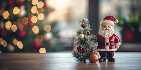 A small, red Santa Claus figurine with a green tree and red ornaments on a wooden table in front of a blurred Christmas tree with lights.