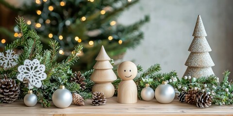 A wooden Christmas tree with ornaments and decorations, surrounded by pine cones and a wooden figure, placed on a wooden table with a blurred Christmas tree in the background.