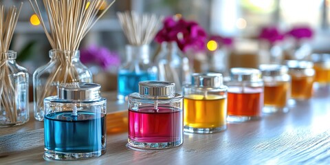 A row of colorful glass bottles with reed diffusers, containing various scents, placed on a wooden table with a blurred background of flowers and other decorative elements.