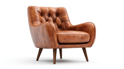 A brown leather armchair with a tufted backrest and wooden legs, placed against a white background.