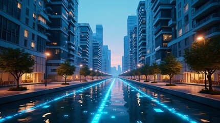 "Ultra-Realistic Futuristic City Skyline with Cinematic Lighting, Cyberpunk Architecture and Glowing Blue River Trails"