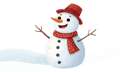 Cute Smiling Snowman Wearing Red Scarf and Hat Isolated on White Background Winter Holiday Illustration