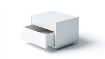 Fototapeta premium A minimalist white bedside table with two drawers, one open, against a white background with soft shadows.