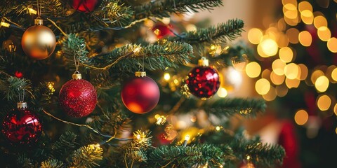 A beautifully decorated Christmas tree with red and gold ornaments, surrounded by twinkling lights and a warm, inviting ambiance.