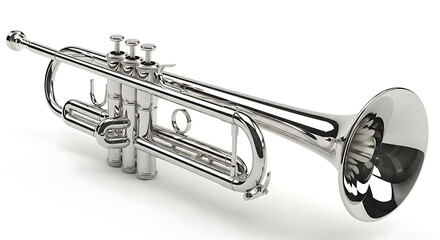 Obraz premium Angled view of a polished brass trumpet with a silver finish, isolated to highlight its sleek, metallic texture.