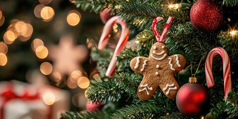 A beautifully decorated Christmas tree with a gingerbread man ornament, surrounded by candy canes and red baubles, with a soft, bokeh background and warm, festive lights.