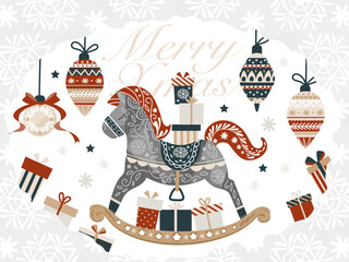 北欧風・水彩ロッキングホース（木馬）のクリスマスカード・フレーム素材/Scandinavian Watercolor Rocking Horse Christmas Card & Frame Illustration