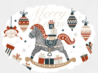 北欧風・水彩ロッキングホース（木馬）のクリスマスカード・フレーム素材/Scandinavian Watercolor Rocking Horse Christmas Card & Frame Illustration