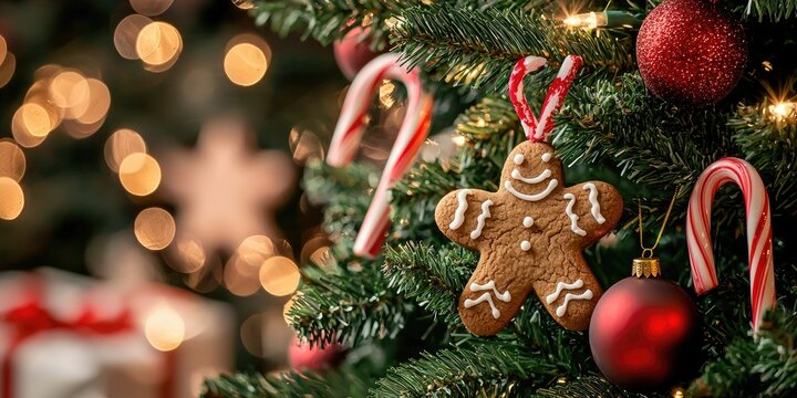 A beautifully decorated Christmas tree with a gingerbread man ornament, surrounded by candy canes and red baubles, with a soft, bokeh background and warm, festive lights.
