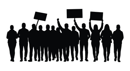 A diverse group of people in silhouette holding blank signs and raising their arms in protest or demonstration silhouette