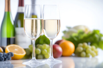 Two elegant glasses of white wine in front of a vibrant display of fresh fruits, perfect for a celebration or casual gathering.