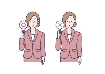 マルを持つスーツ姿の女性のイラスト