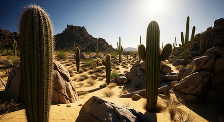 arid desert scene, giant green cactus plants with spines and rugged rocks under strong sunlight.