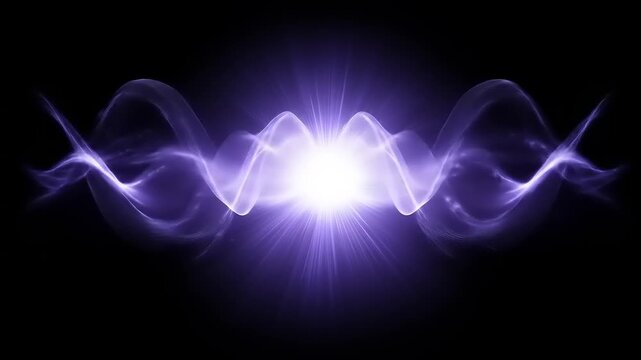 Abstract image of a bright light source radiating through flowing, purple, wave-like forms