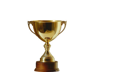 A radiant golden trophy, isolated on transparent background, stands tall with its ornate handles and pedestal, symbolizing triumph and excellence in a competitive arena