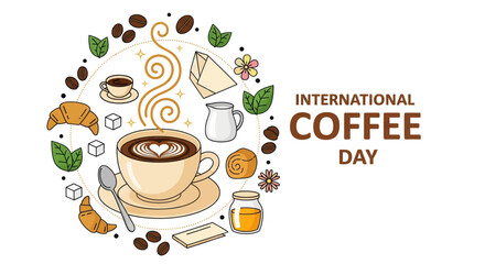 Celebrate international coffee day with a hand-drawn artistic composition featuring a steaming cup coffee and coffee-related elements vector