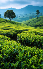 Lush Green Tea Plantation Landscapes Under Dramatic Sky in Scenic Nature Setting