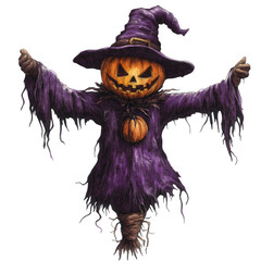 Whimsical halloween scarecrow isolated on transparent background with a pumpkin head, wearing a purple robe and hat, perfect for spooky season decorations and celebrations