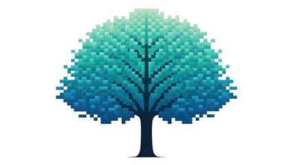 Abstract stylized tree with gradient blue and green foliage digital art isolated on white background