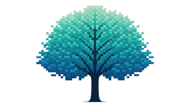 Abstract stylized tree with gradient blue and green foliage digital art isolated on white background