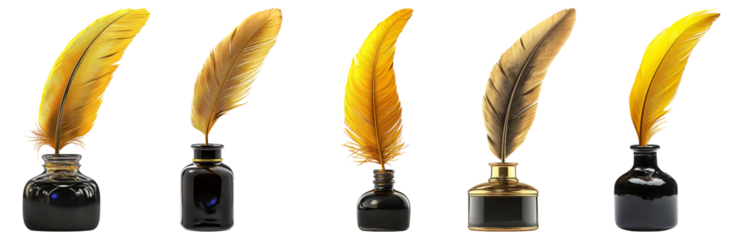 Elegant Quills in Ink Bottles for Creative Writing and Art Projects, Isolated on Transparent, white background