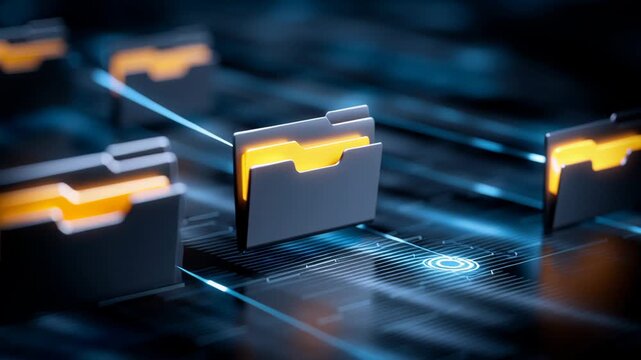 Digital file storage concept with glowing folders and network connections for modern technology needs