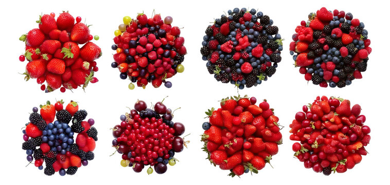 Colorful Arrangement of Fresh Berries and Fruits on White Background, Isolated on Transparent, white background