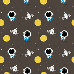 Cute Astronaut and Satellite Seamless Space Pattern for Kids and Wrapping Paper