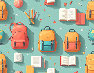 Seamless Modern School Supplies and Backpack Pattern