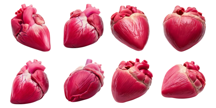 Realistic Anatomical Heart Models for Educational Purposes and Art, Isolated on Transparent, white background