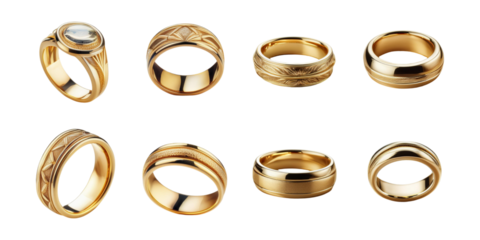 Assorted Gold Rings Collection for Jewelry Design, set collection, mega bundle, isolated on transparent background