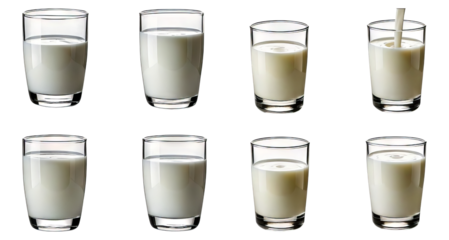 Series of Eight Glasses of Milk in Various Levels and Pours, Isolated on Transparent, white background
