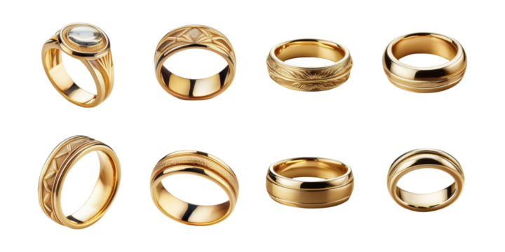 Assorted Gold Rings Collection for Jewelry Design, set collection, mega bundle, isolated on transparent background