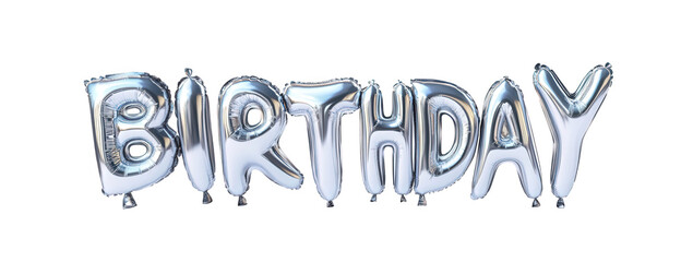 Silver birthday balloon letters isolated on transparent background spelling out the word birthday in a celebratory and festive manner for a birthday party