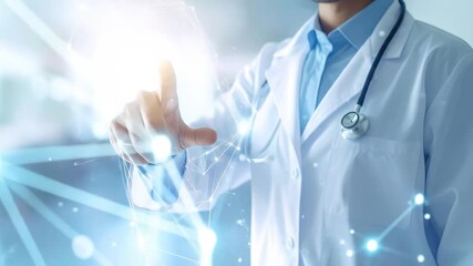 Healthcare professional in lab coat touches an abstract glowing digital network, signifying future medical tech - Powered by Adobe