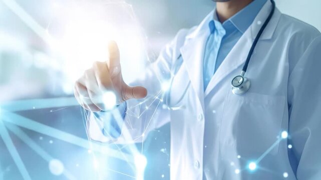 Healthcare professional in lab coat touches an abstract glowing digital network, signifying future medical tech